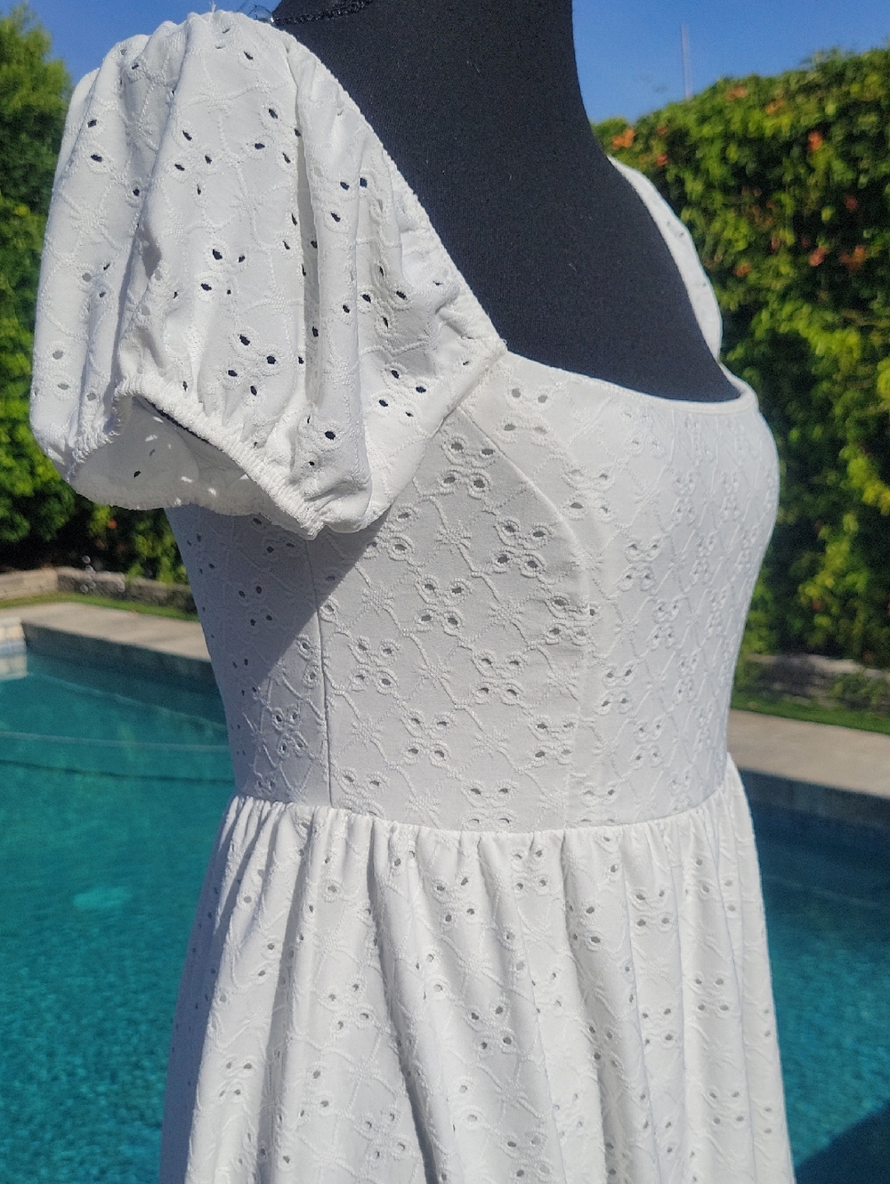 White Eyelet Puff-Sleeve Boho Mini Dress  Graduation Dress M - Picture 12 of 16